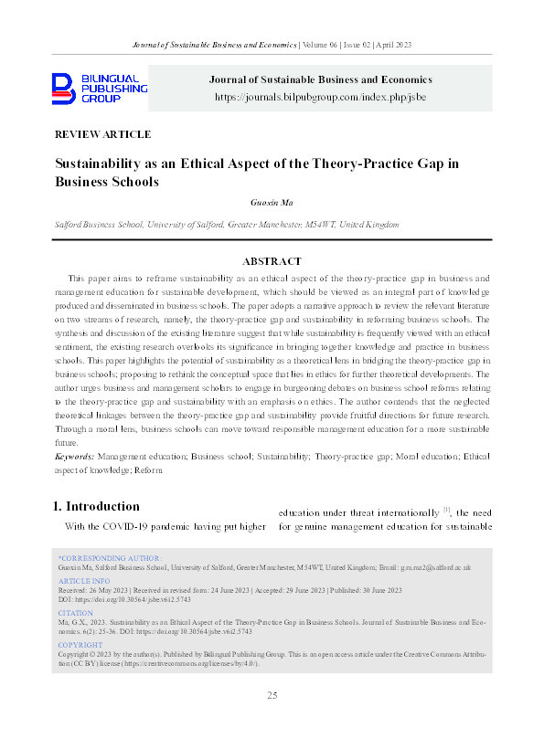 Sustainability as an Ethical Aspect of the Theory-Practice Gap in Business Schools Thumbnail