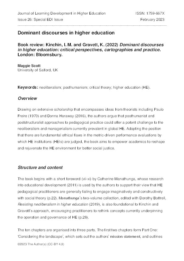 Dominant discourses in higher education. Book review: Kinchin, I. M. and Gravett, K. (2022) Dominant discourses in higher education: critical perspectives, cartographies and practice. London: Bloomsbury. Thumbnail