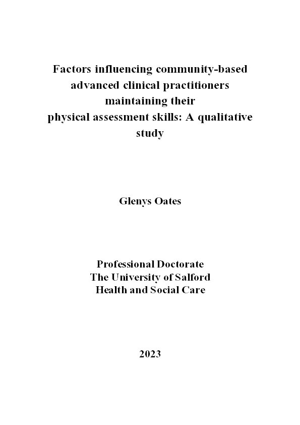 Factors influencing community-based advanced clinical practitioners maintaining their physical assessment skills: A qualitative study Thumbnail