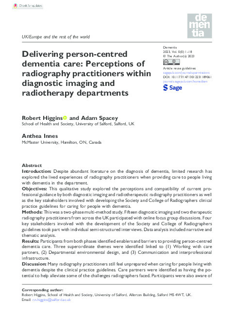 Delivering person-centred dementia care: Perceptions of radiography practitioners within diagnostic imaging and radiotherapy departments Thumbnail