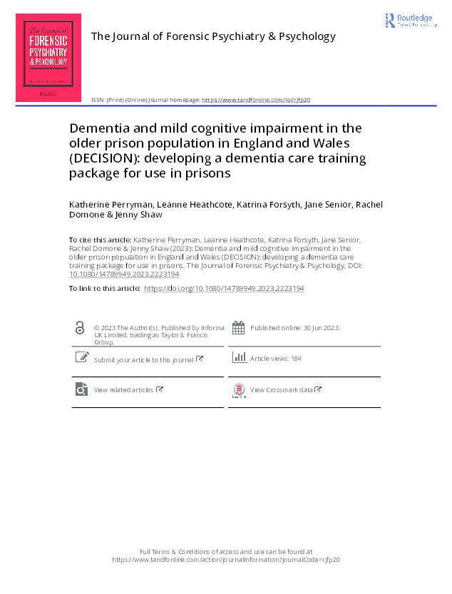 Dementia and mild cognitive impairment in the older prison population in England and Wales (DECISION): developing a dementia care training package for use in prisons Thumbnail