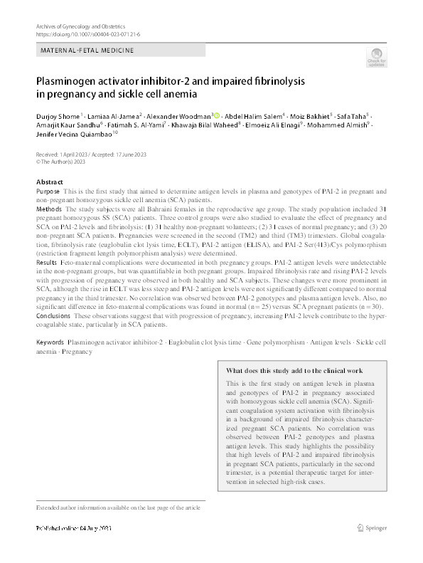 Plasminogen activator inhibitor-2 and impaired fibrinolysis in pregnancy and sickle cell anemia. Thumbnail