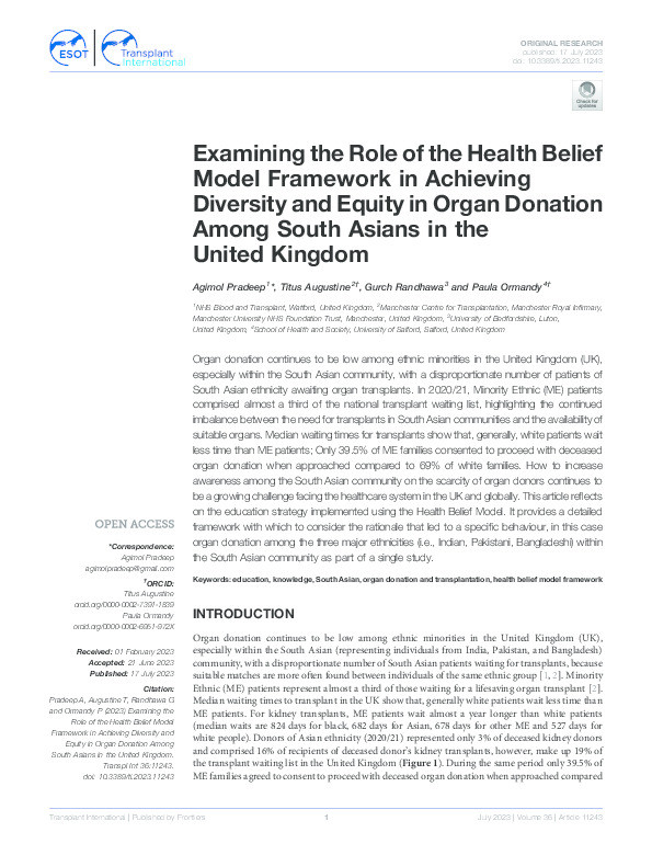 Examining the Role of the Health Belief Model Framework in Achieving Diversity and Equity in Organ Donation Among South Asians in the United Kingdom Thumbnail