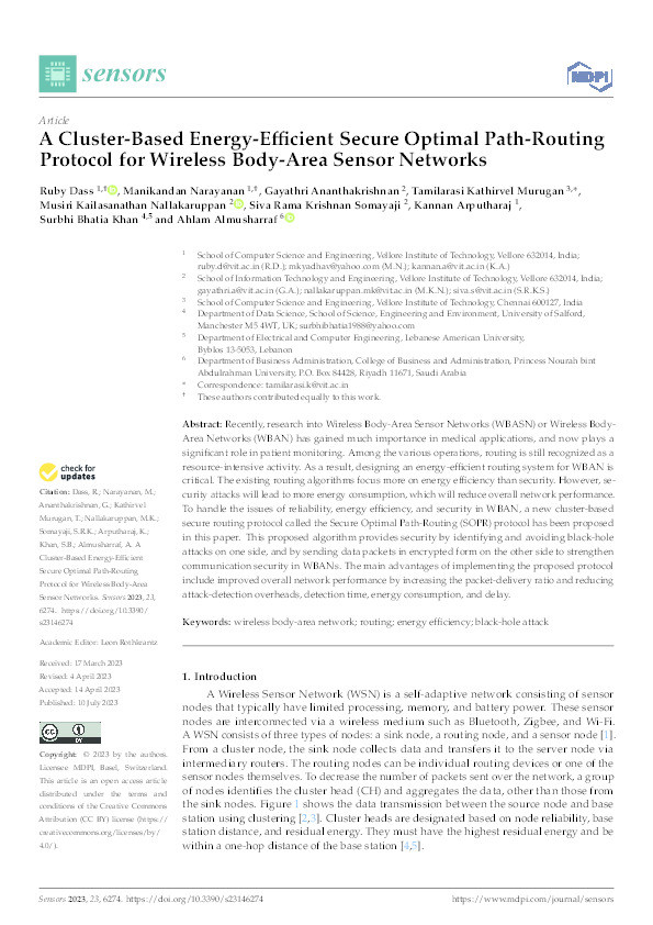 A Cluster-Based Energy-Efficient Secure Optimal Path-Routing Protocol for Wireless Body-Area Sensor Networks Thumbnail