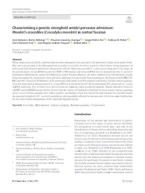 Characterising a genetic stronghold amidst pervasive admixture: Morelet’s crocodiles ( Crocodylus moreletii ) in central Yucatan Thumbnail