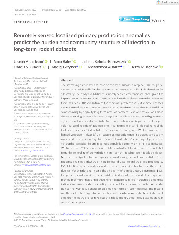 Remotely sensed localised primary production anomalies predict the burden and community structure of infection in long‐term rodent datasets Thumbnail
