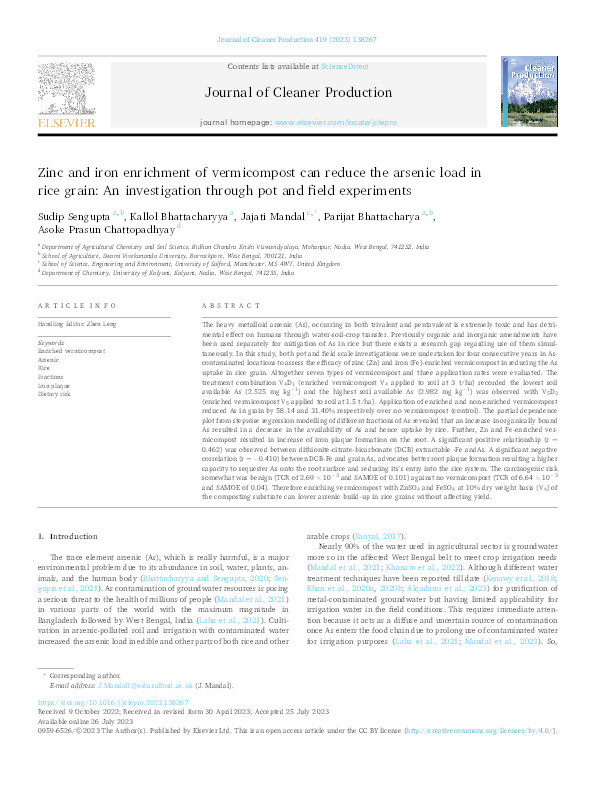 Zinc and iron enrichment of vermicompost can reduce the arsenic load in rice grain: An investigation through pot and field experiments Thumbnail