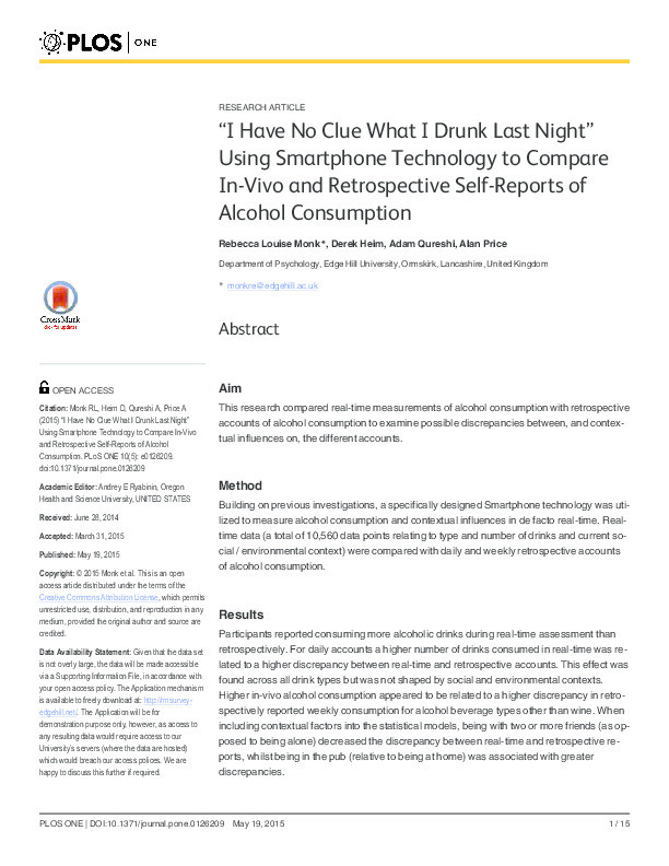 "I have no clue what I drunk last night" using Smartphone technology to compare in-vivo and retrospective self-reports of alcohol consumption Thumbnail