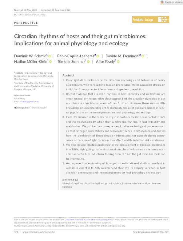 Circadian rhythms of hosts and their gut microbiomes: Implications for animal physiology and ecology Thumbnail