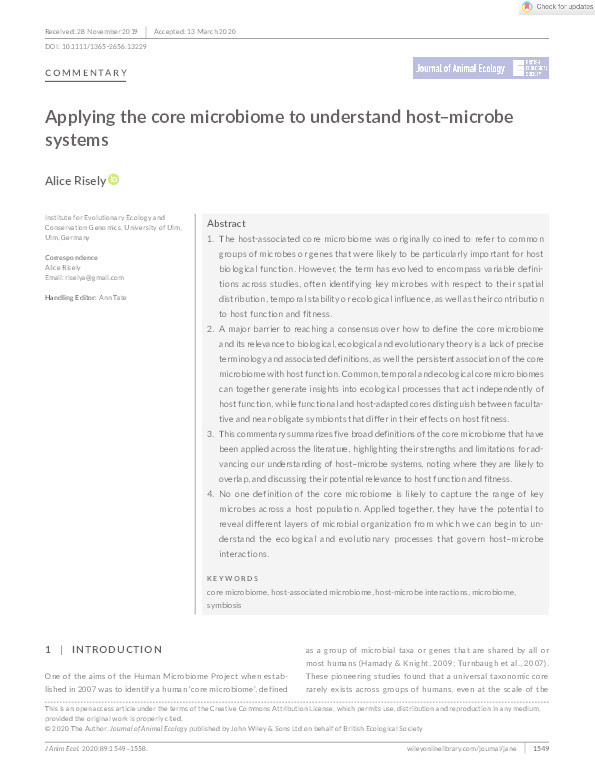 Applying the core microbiome to understand host–microbe systems Thumbnail