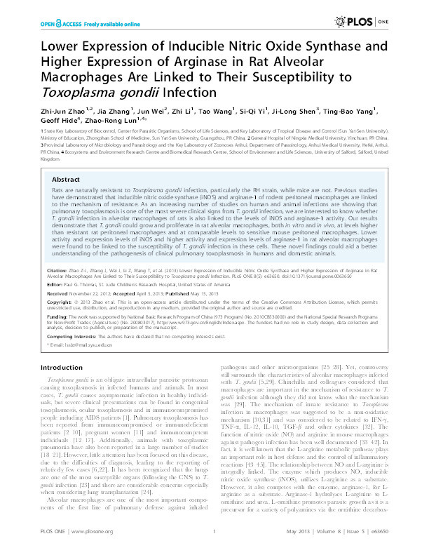 Lower expression of inducible nitric oxide synthase and higher expression of arginase in rat alveolar macrophages are linked to their susceptibility to Toxoplasma gondii infection. Thumbnail