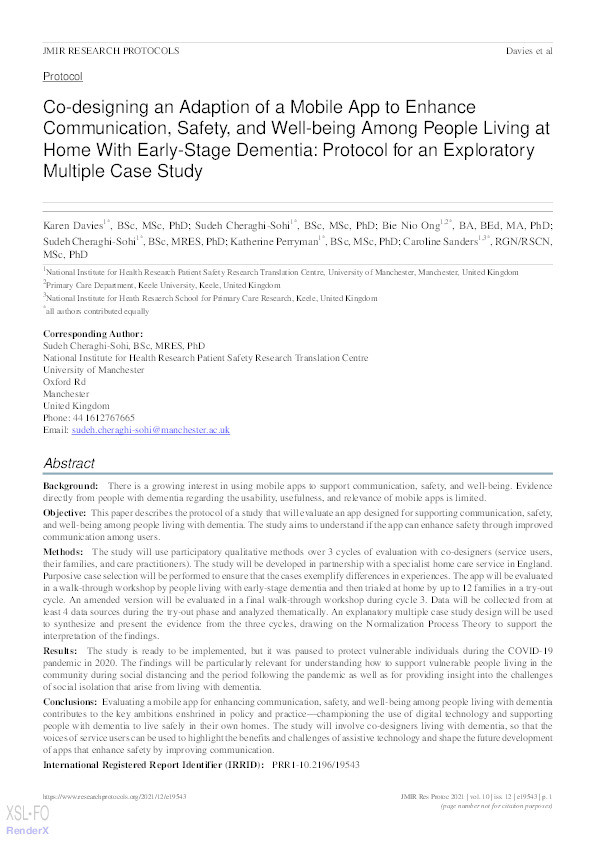 Co-designing an Adaption of a Mobile App to Enhance Communication, Safety, and Well-being Among People Living at Home With Early-Stage Dementia: Protocol for an Exploratory Multiple Case Study Thumbnail