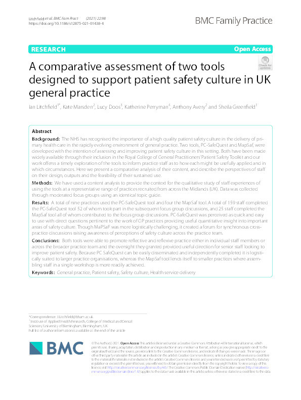 A comparative assessment of two tools designed to support patient safety culture in UK general practice Thumbnail