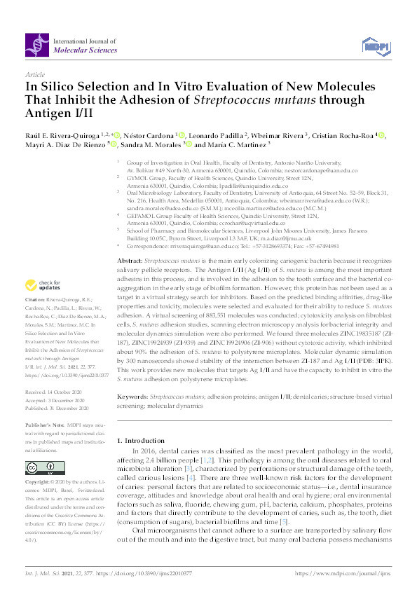 In Silico Selection and In Vitro Evaluation of New Molecules That Inhibit the Adhesion of <i>Streptococcus mutants</i> through Antigen I/II Thumbnail
