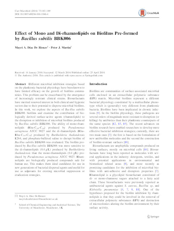 Effect of Mono and Di-rhamnolipids on Biofilms Pre-formed by Bacillus subtilis BBK006. Thumbnail