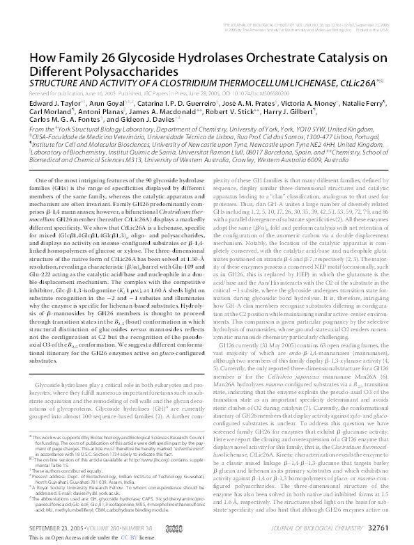 How family 26 glycoside hydrolases orchestrate catalysis on different polysaccharides: Structure and activity of a Clostridium thermocellum lichenase, CtLic26A Thumbnail