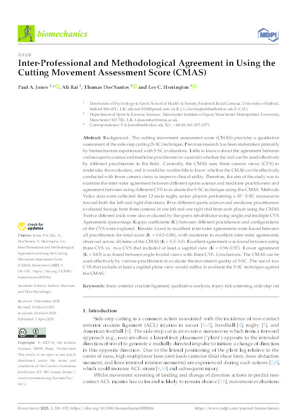 Inter-Professional and Methodological Agreement in Using the Cutting Movement Assessment Score (CMAS) Thumbnail