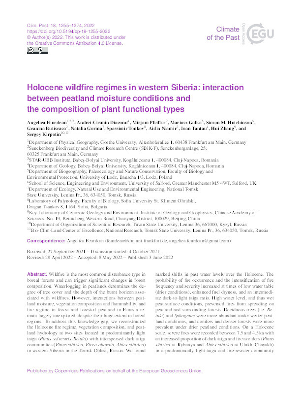 Holocene wildfire regimes in forested peatlands in western Siberia: interaction between peatland moisture conditions and the composition of plant functional types Thumbnail