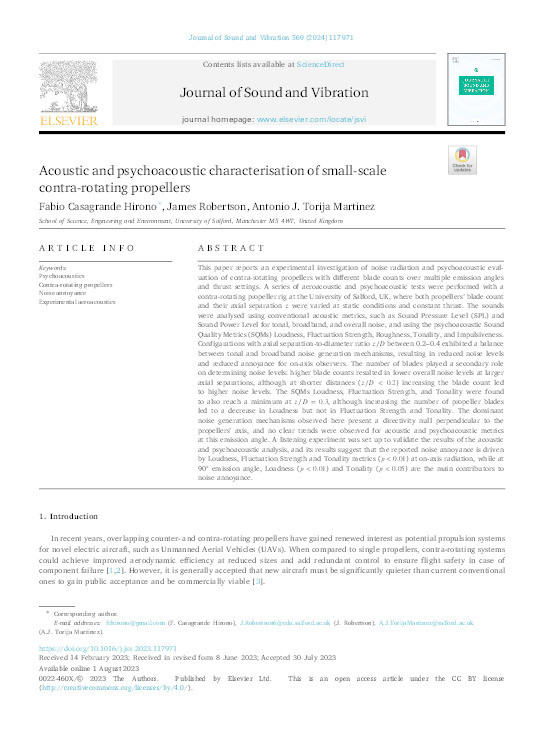 Acoustic and Psychoacoustic Characterisation of Small-Scale Contra-Rotating Propellers Thumbnail