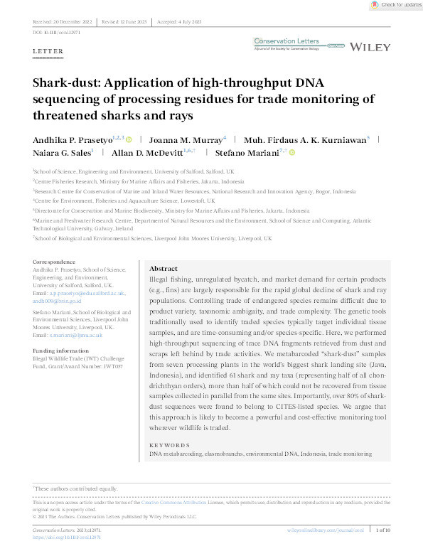 Shark‐dust: Application of high‐throughput DNA sequencing of processing residues for trade monitoring of threatened sharks and rays Thumbnail