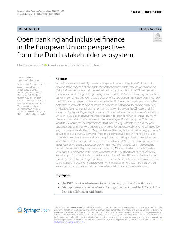 Open banking and inclusive finance in the European Union: perspectives from the Dutch stakeholder ecosystem Thumbnail