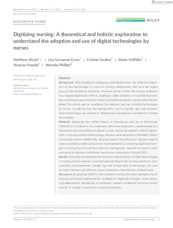 Digitizing nursing: A theoretical and holistic exploration to understand the adoption and use of digital technologies by nurses Thumbnail