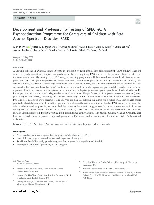 Development and Pre-Feasibility Testing of SPECIFiC: A Psychoeducation Programme for Caregivers of Children with Fetal Alcohol Spectrum Disorder (FASD) Thumbnail
