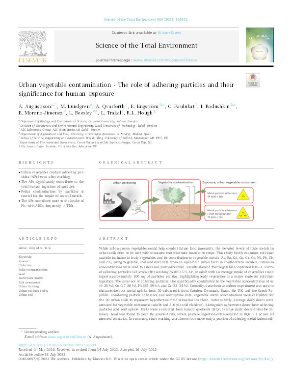 Urban vegetable contamination - The role of adhering particles and their significance for human exposure. Thumbnail