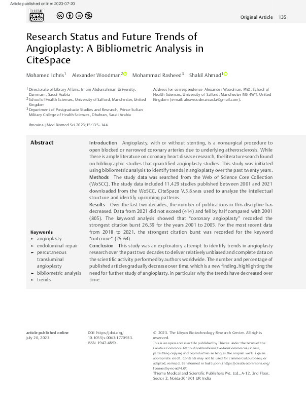 Research Status and Future Trends of Angioplasty: A Bibliometric Analysis in CiteSpace Thumbnail