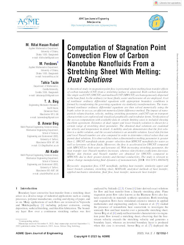 Computation of stagnation point convection flow of CNT- nanofluids from a stretching sheet with melting: dual solution Thumbnail