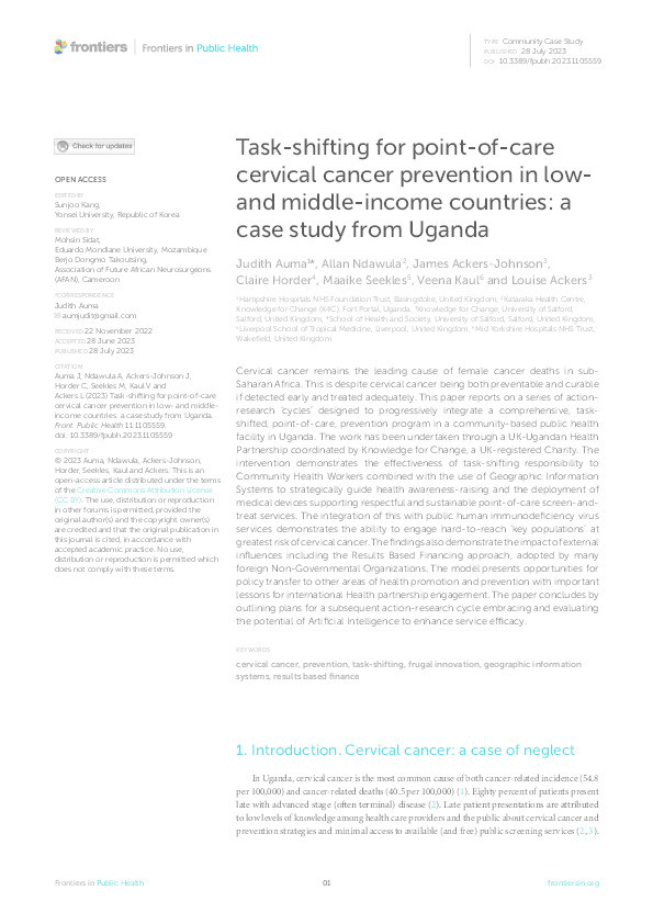 Task-shifting for point-of-care cervical cancer prevention in low- and middle-income countries: a case study from Uganda Thumbnail