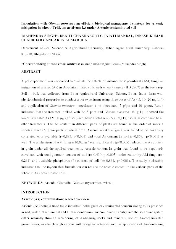 Inoculation with Glomus mosseae: An Efficient Biological Management Strategy for Arsenic Mitigation in Wheat (Triticum Aestivum L.) Under Arsenic-Contaminated Soil Thumbnail