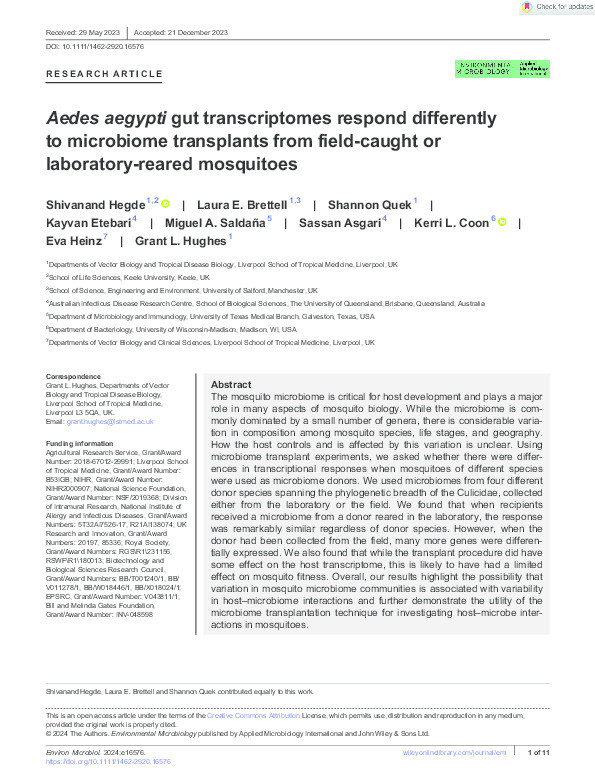 Aedes aegypti gut transcriptomes respond differently to microbiome transplants from field‐caught or laboratory‐reared mosquitoes Thumbnail