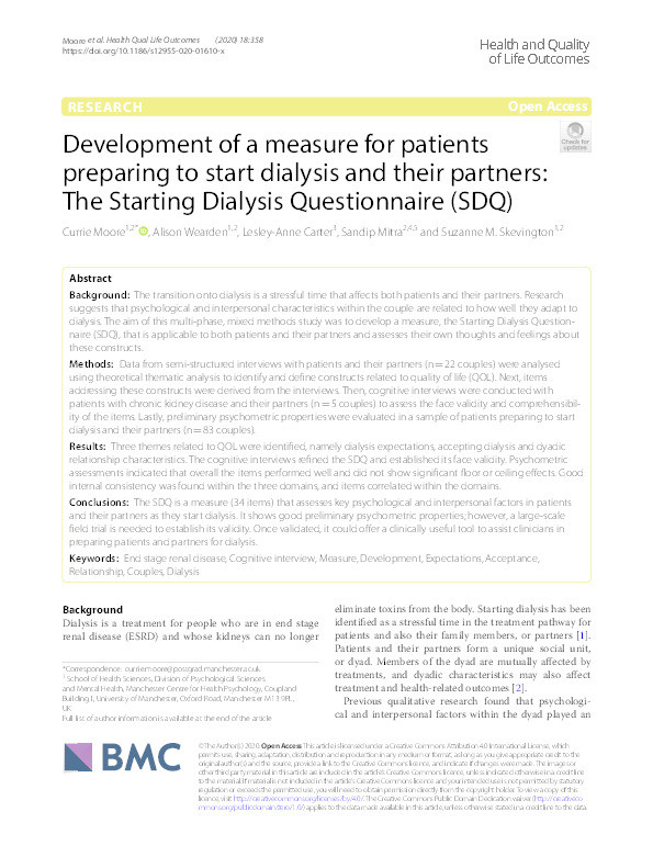 Development of a measure for patients preparing to start dialysis and their partners: The Starting Dialysis Questionnaire (SDQ) Thumbnail