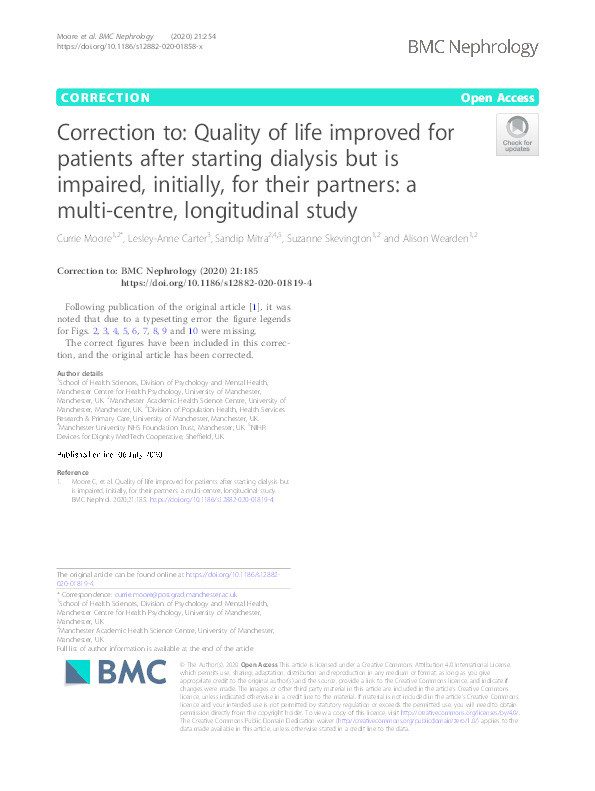 Correction to: Quality of life improved for patients after starting dialysis but is impaired, initially, for their partners: a multi-centre, longitudinal study Thumbnail
