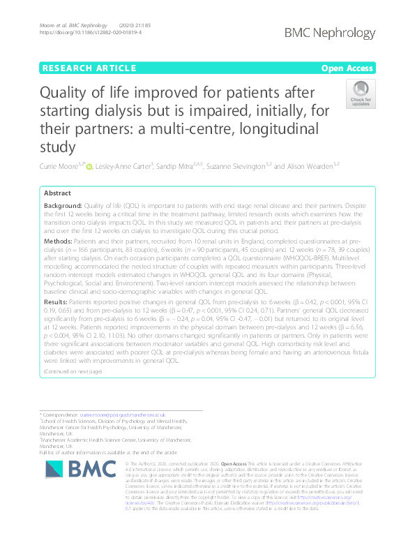 Quality of life improved for patients after starting dialysis but is impaired, initially, for their partners: a multi-centre, longitudinal study Thumbnail
