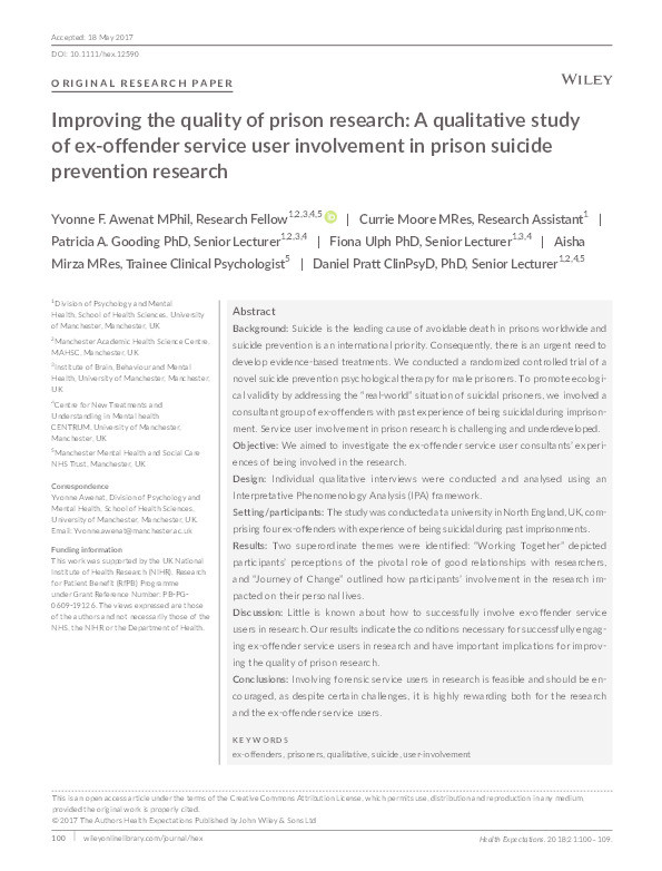 Improving the quality of prison research: A qualitative study of ex-offender service user involvement in prison suicide prevention research Thumbnail