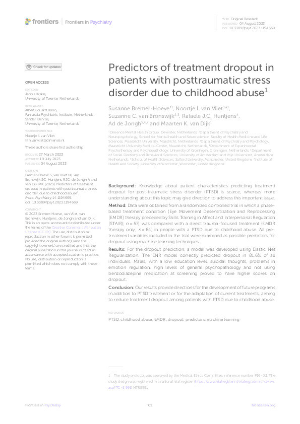 Predictors of treatment dropout in patients with posttraumatic stress disorder due to childhood abuse Thumbnail