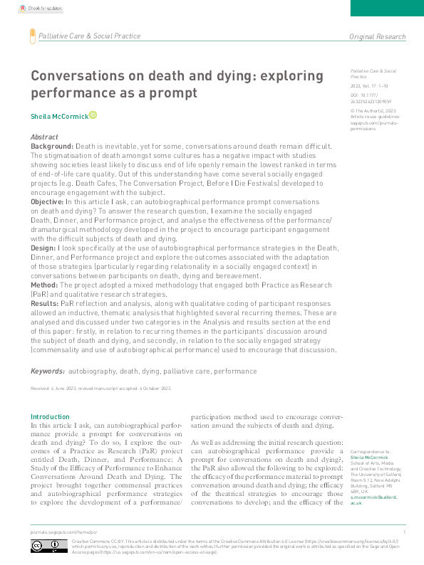 Conversations on death and dying: exploring performance as a prompt. Thumbnail