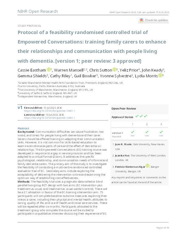 Protocol of a feasibility randomised controlled trial of Empowered Conversations: training family carers to enhance their relationships and communication with people living with dementia. Thumbnail