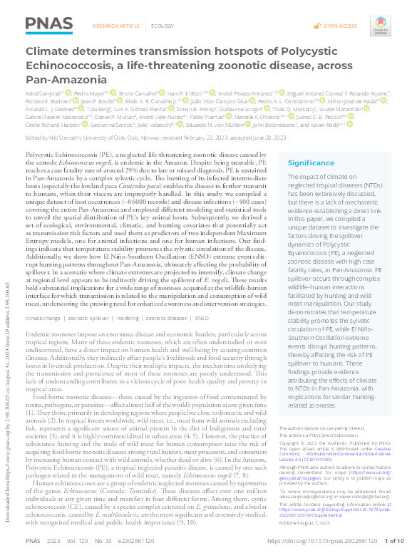 Climate determines transmission hotspots of Polycystic Echinococcosis, a life-threatening zoonotic disease, across Pan-Amazonia Thumbnail