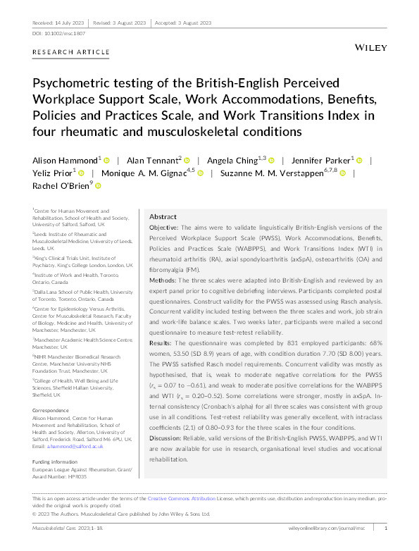 Psychometric testing of the British‐English Perceived Workplace Support Scale, Work Accommodations, Benefits, Policies and Practices Scale, and Work Transitions Index in four rheumatic and musculoskeletal conditions Thumbnail
