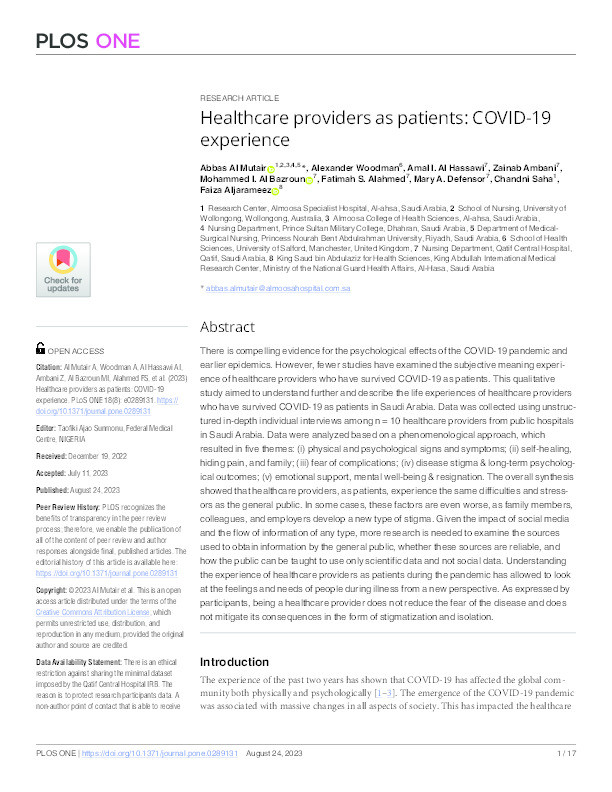 Healthcare providers as patients: COVID-19 experience Thumbnail