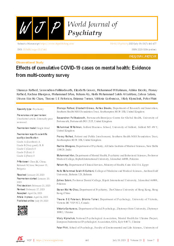 Effects of cumulative COVID-19 cases on mental health: Evidence from multi-country survey. Thumbnail