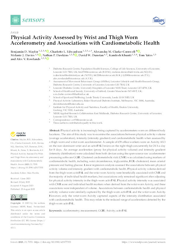 Physical Activity Assessed by Wrist and Thigh Worn Accelerometry and Associations with Cardiometabolic Health Thumbnail