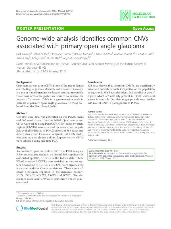 Genome-wide analysis identifies common CNVs associated with primary open angle glaucoma Thumbnail