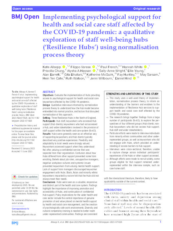 Implementing psychological support for health and social care staff affected by the COVID-19 pandemic: a qualitative exploration of staff well-being hubs ('Resilience Hubs') using normalisation process theory. Thumbnail