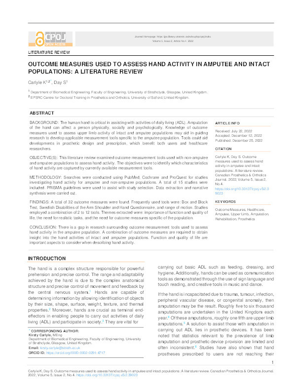 Outcome Measures Used to Assess Hand Activity in Amputee and Intact Populations: a Literature Review. Thumbnail