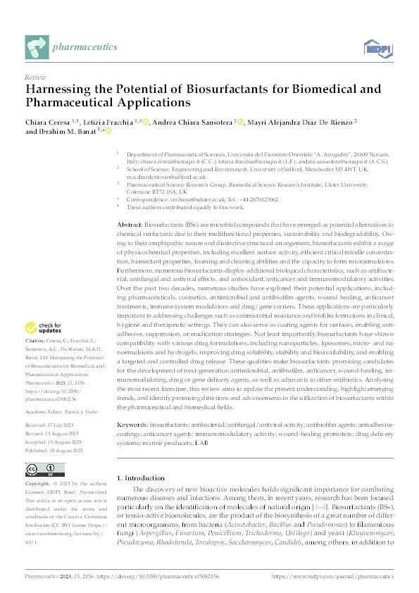Harnessing the Potential of Biosurfactants for Biomedical and Pharmaceutical Applications Thumbnail