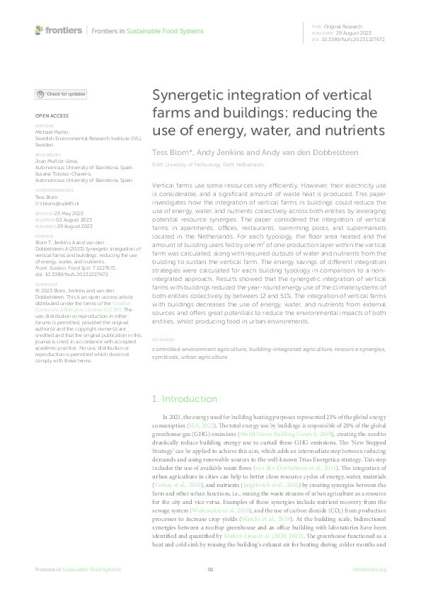 Synergetic integration of vertical farms and buildings: reducing the use of energy, water, and nutrients Thumbnail
